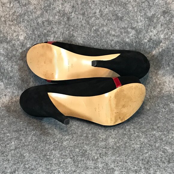 Nine West Women's Black Leather Front Red Strap Leopard Open Toe Heel Shoes - Picture 14 of 14